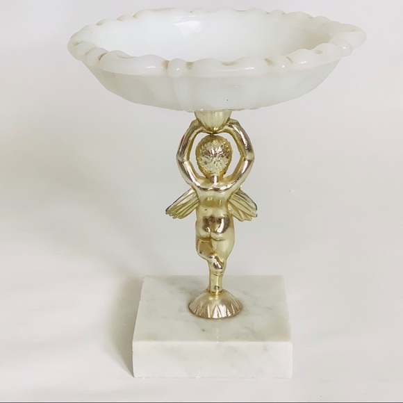 Vintage Milk Glass Dish w/Brass Cherub Marble Base - Picture 3 of 10